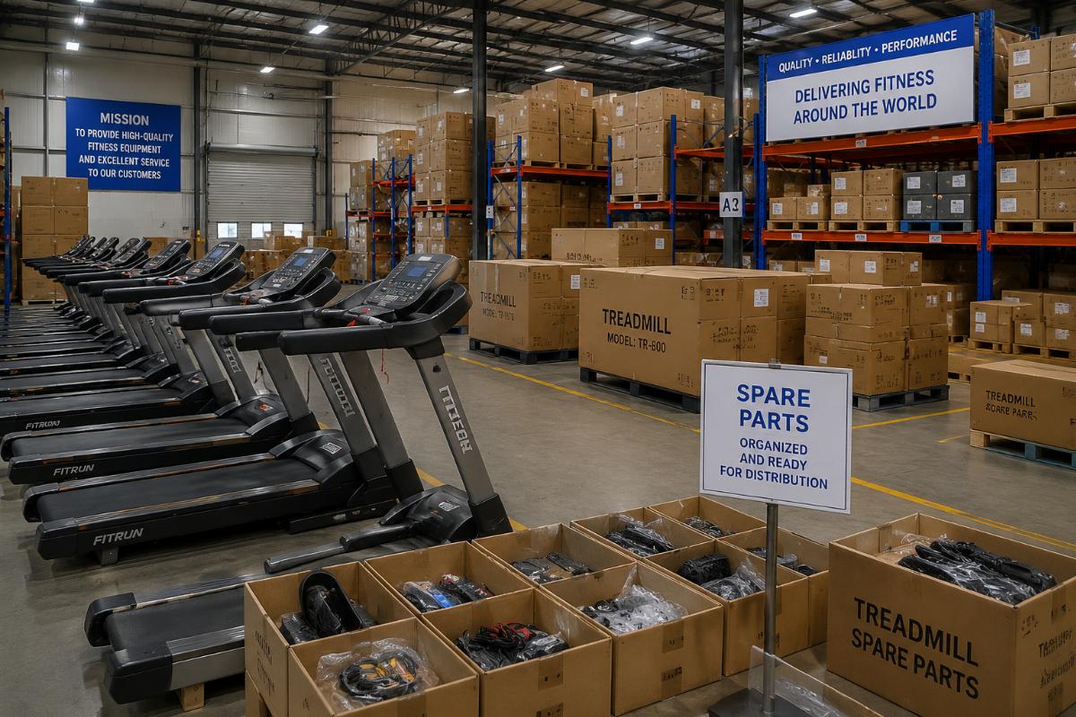 Warehouse interior showing treadmills and spare parts boxes organized for distribution
