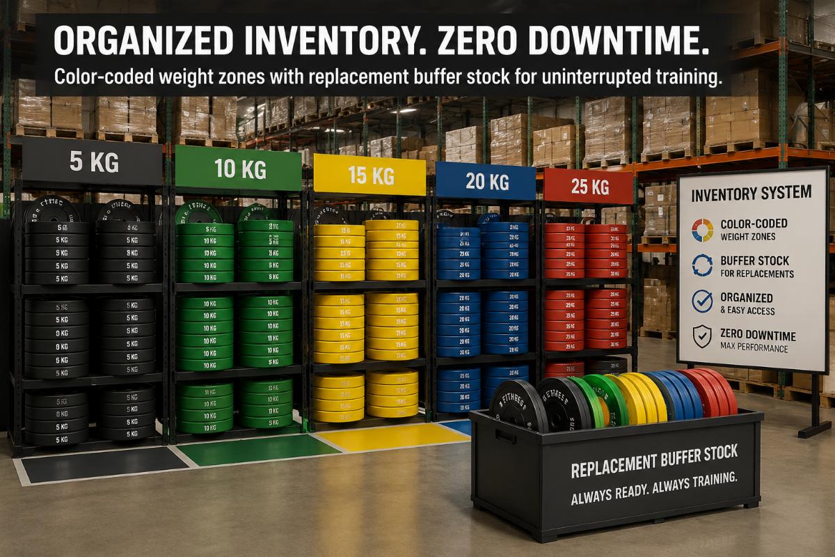 Warehouse showing organized bumper plate inventory with color-coded weight zones and replacement buffer stock