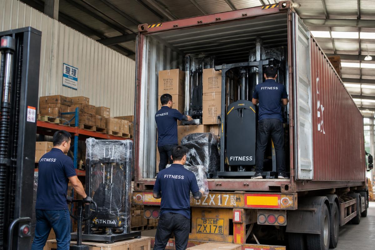 Warehouse team loading mixed commercial fitness equipment into a 40HQ shipping container
