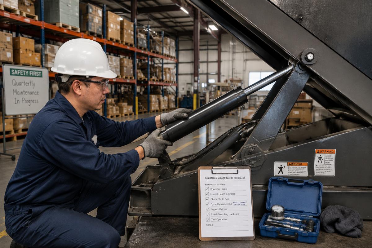 Warehouse worker cycling hydraulic rod through full range of motion during quarterly maintenance check