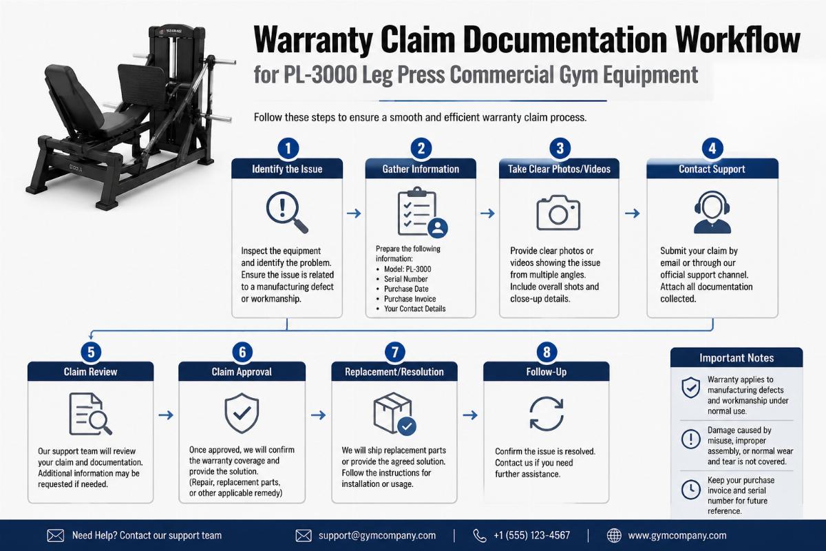 Warranty claim documentation workflow for PL-3000 leg press commercial gym equipment