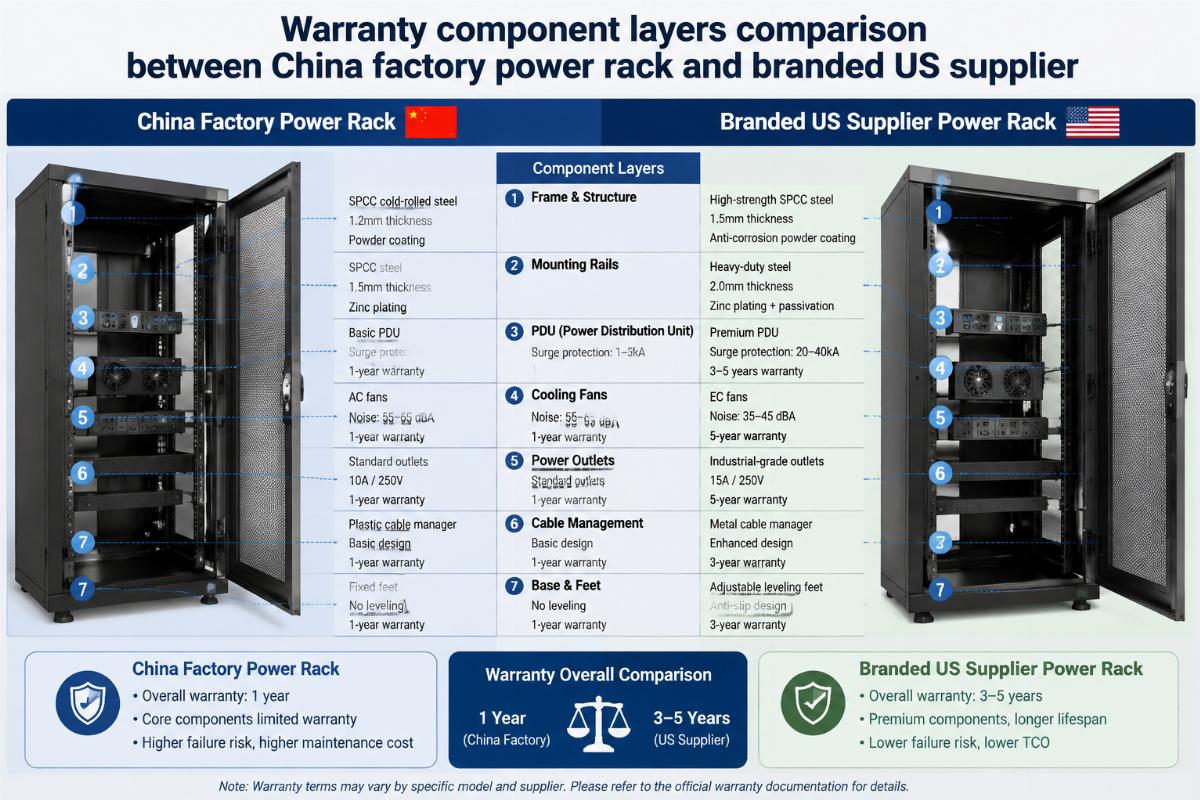 Warranty component layers comparison between China factory power rack and branded US supplier