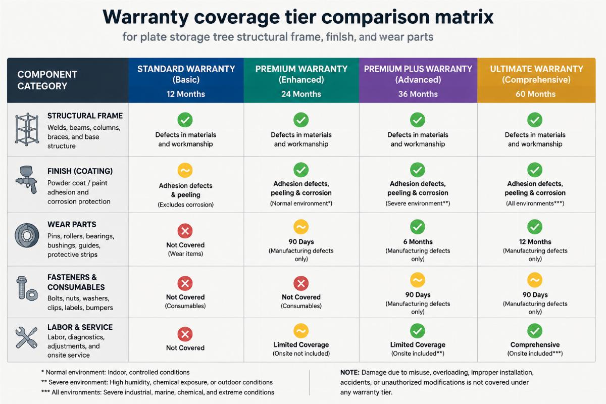 Warranty coverage tier comparison matrix for plate storage tree structural frame finish and wear parts