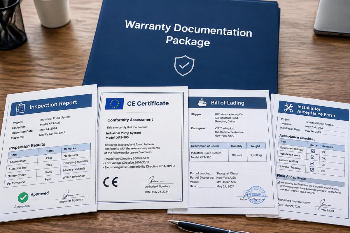 Warranty documentation package including inspection report, CE certificate, bill of lading, and installation acceptance form arranged for review