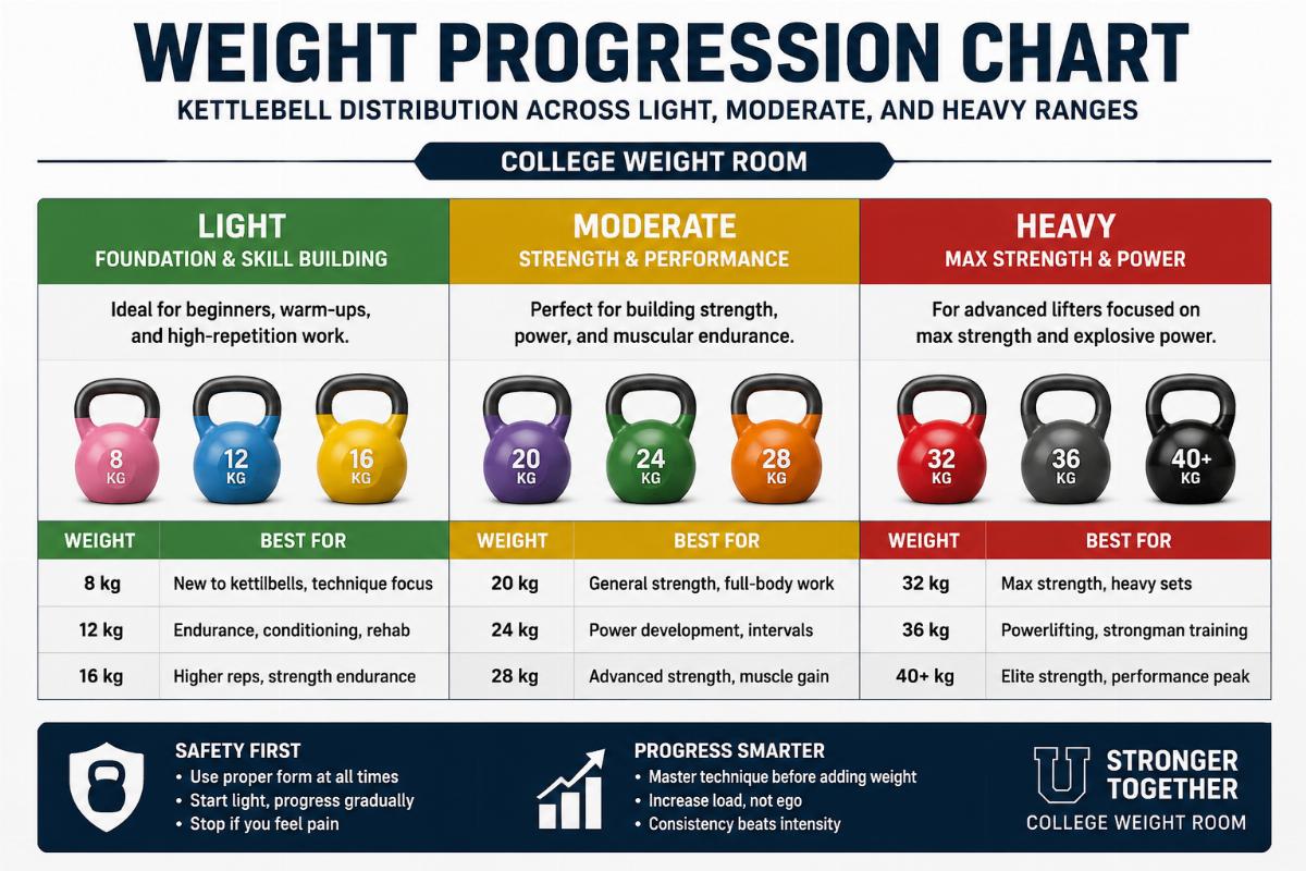Weight progression chart showing kettlebell distribution across light moderate and heavy ranges for a college weight room