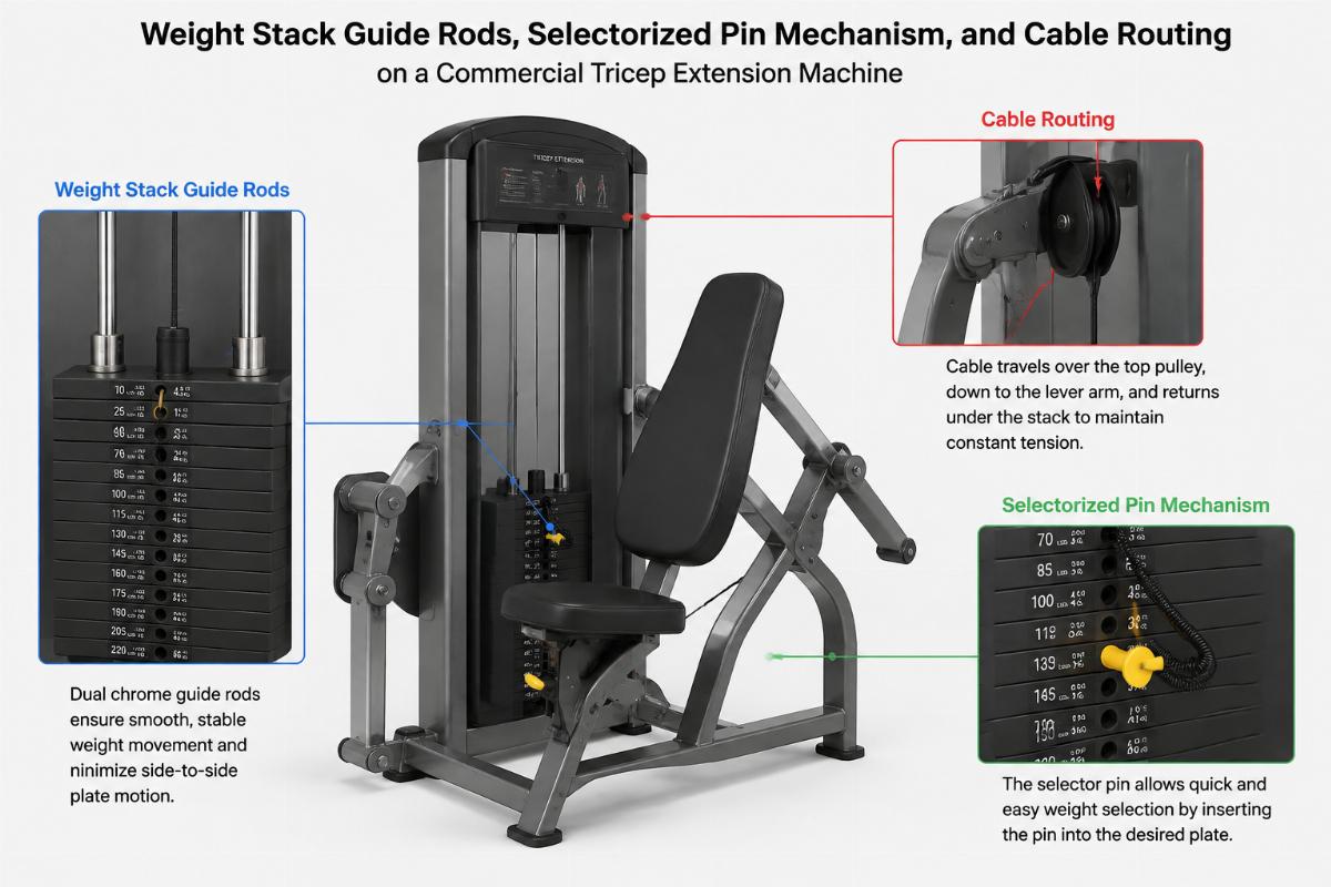 Weight stack guide rods, selectorized pin mechanism, and cable routing on a commercial tricep extension machine