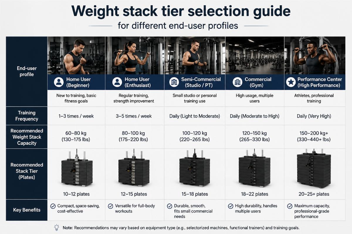 Weight stack tier selection guide for different end-user profiles