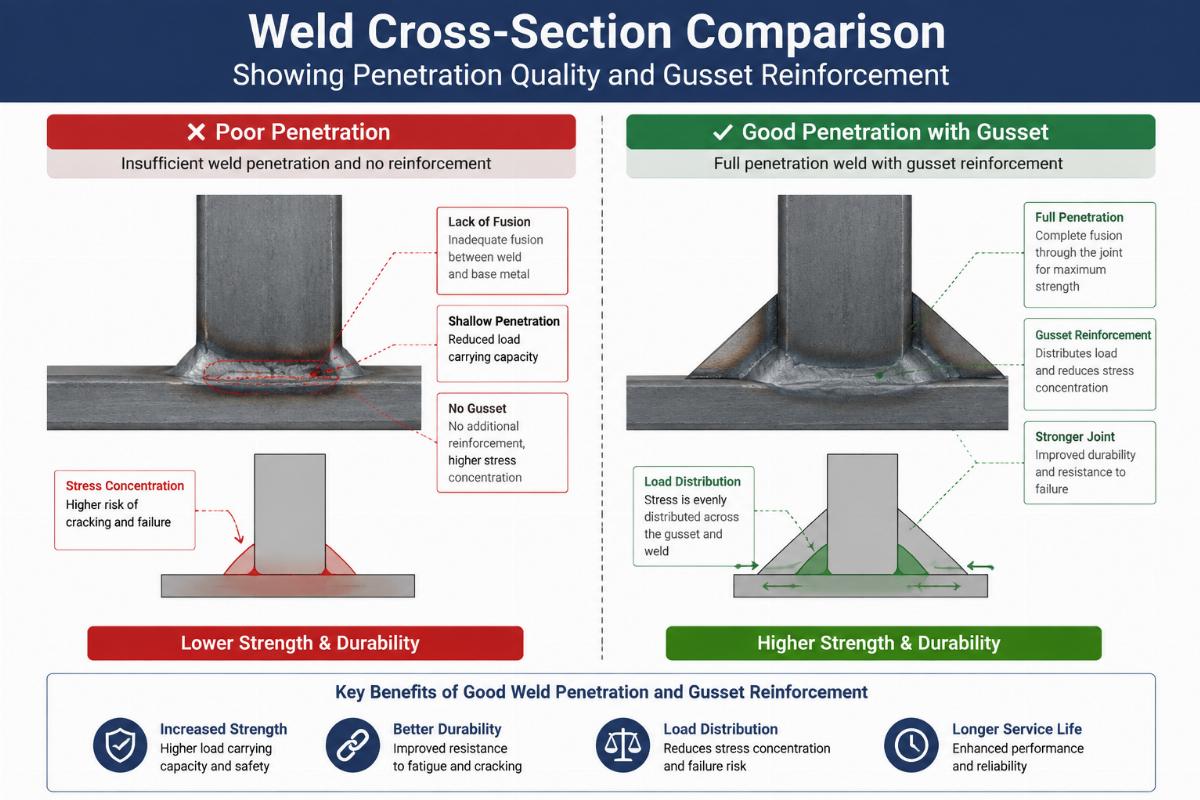 Weld cross-section comparison showing penetration quality and gusset reinforcement