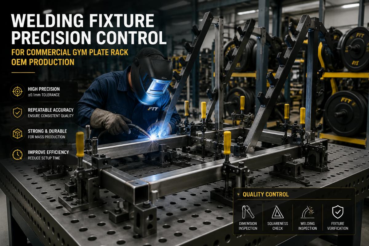 Welding fixture precision control for commercial gym plate rack OEM production