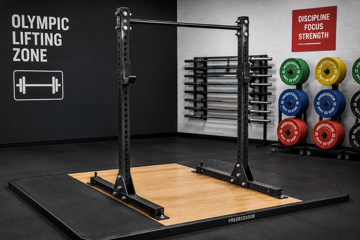 Wide-base SR squat rack predecessor used in Olympic lifting zone with platform bolting