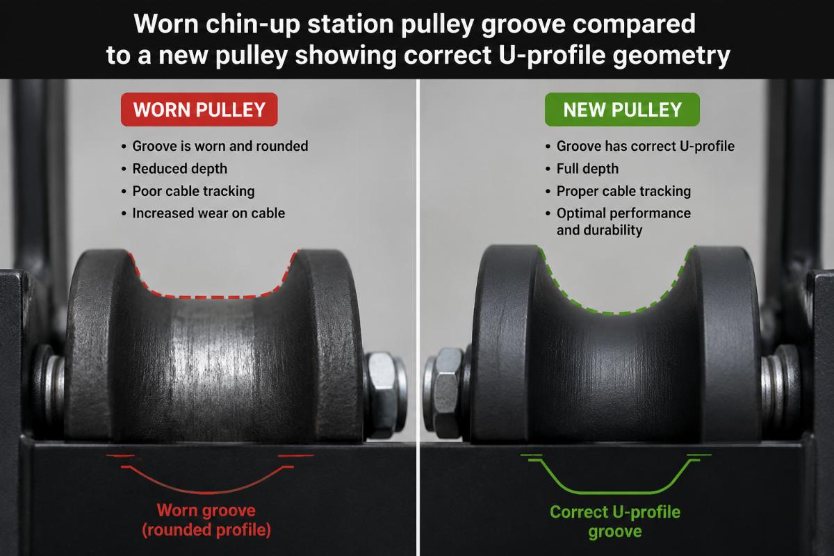 Worn chin-up station pulley groove compared to a new pulley showing correct U-profile geometry